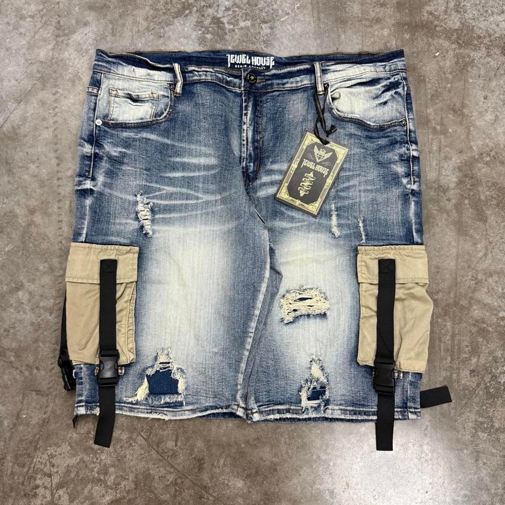 Jewel House Mens Baggy Distressed Cargo Skater Shorts Blue Denim Y2K Size 42
